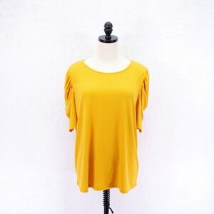 Adrianna Papell -Large- Yellow Polka Dot Blouse Top Round Neck Puff‎ Sleeve